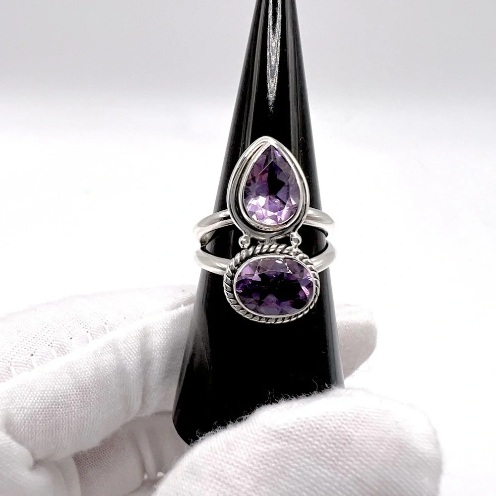 Genuine Faceted Amethyst Oval & Tear Drop .925 Sterling Silver Ring - Picture 5 of 17